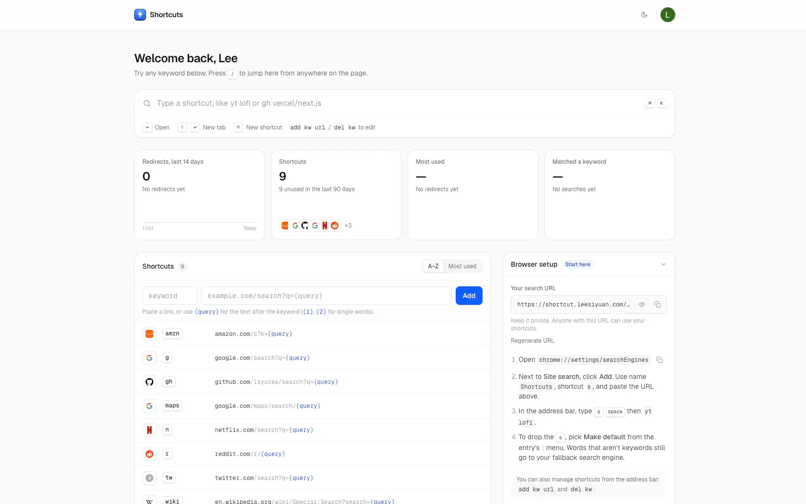 Shortcuts: Dashboard